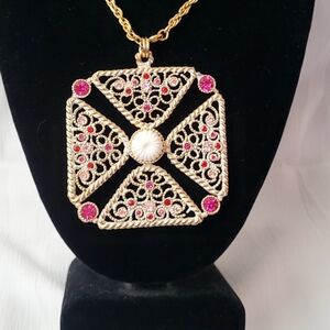 Rare Vintage Gold Tone Filigree Joel Pendant Necklace With Pink Gem Accents 28"